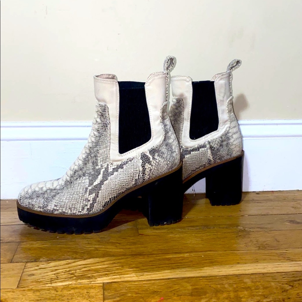Chinese Laundry Good Day Ankle Boots in cream & grey snakeskin print.